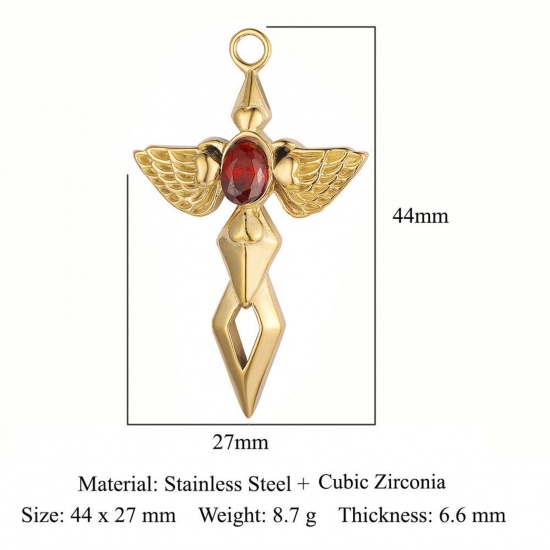 Picture of Eco-friendly Vacuum Plating 304 Stainless Steel Religious Pendants 18K Gold Color Wing Cross Red Rhinestone 44mm x 27mm, 1 Piece