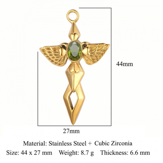 Picture of Eco-friendly Vacuum Plating 304 Stainless Steel Religious Pendants 18K Gold Color Wing Cross Light Green Rhinestone 44mm x 27mm, 1 Piece