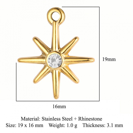 Picture of Eco-friendly Vacuum Plating 304 Stainless Steel Charms 18K Gold Plated Star Clear Rhinestone 19mm x 16mm, 1 Piece