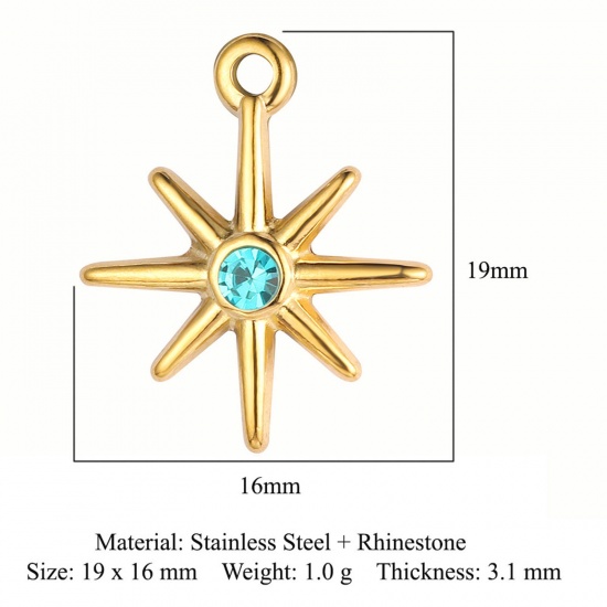 Picture of Eco-friendly Vacuum Plating 304 Stainless Steel Charms 18K Gold Plated Star Blue Rhinestone 19mm x 16mm, 1 Piece