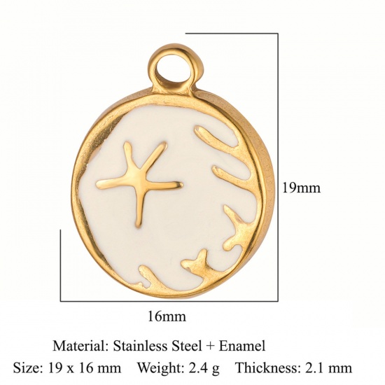 Picture of Eco-friendly Vacuum Plating 304 Stainless Steel Charms 18K Gold Plated White Round Disc Sun Enamel 19mm x 16mm, 1 Piece