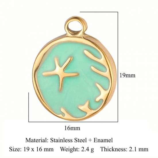 Picture of Eco-friendly Vacuum Plating 304 Stainless Steel Charms 18K Gold Plated Green Round Disc Sun Enamel 19mm x 16mm, 1 Piece