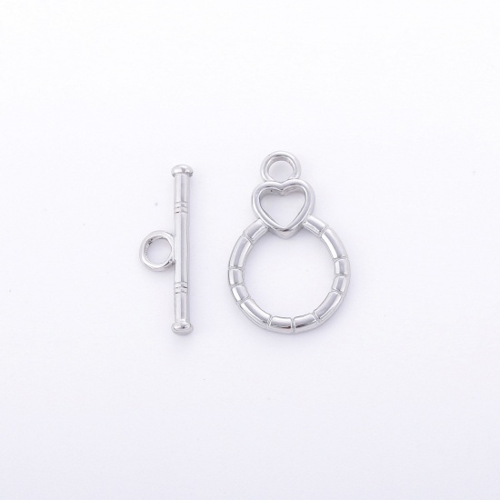 Picture of Eco-friendly 304 Stainless Steel Toggle Clasps Heart Round Silver Tone 1 Set