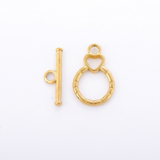 Picture of Eco-friendly Vacuum Plating 304 Stainless Steel Toggle Clasps Heart Round 18K Gold Color 1 Set