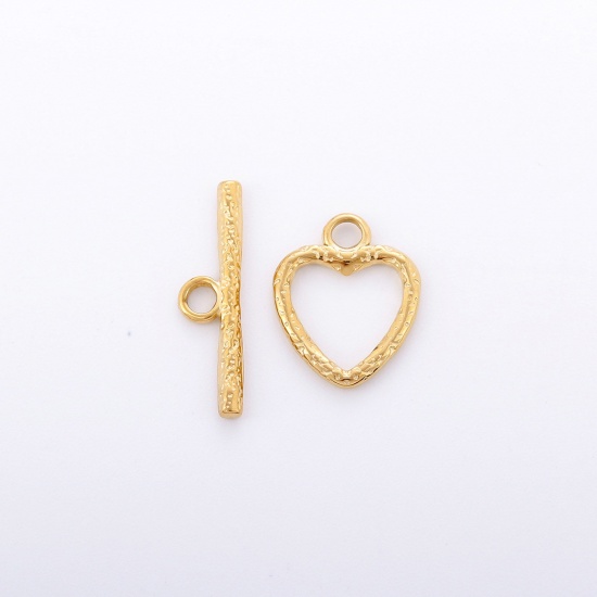 Picture of Eco-friendly Vacuum Plating 304 Stainless Steel Toggle Clasps Heart 18K Gold Color 1 Set