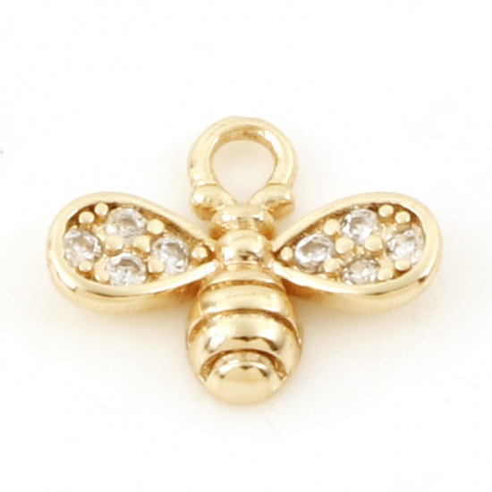 Picture of Brass Insect Charms 18K Real Gold Plated Bee Animal Micro Pave Clear Cubic Zirconia 10mm x 8mm, 3 PCs
