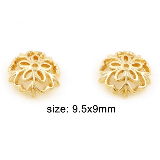 Picture of Brass Beads Caps Heart Flower 18K Real Gold Plated Hollow (Fit 10mm Bead) 9.5mm x 9mm, 10 PCs