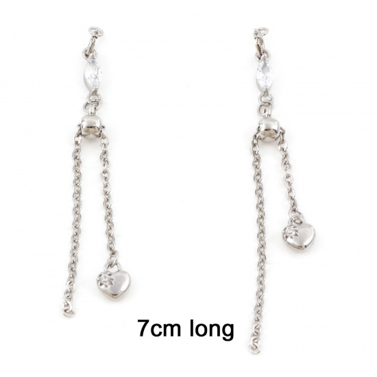 Picture of Brass Slider/Slide Extender Chain Heart Real Platinum Plated Clear Cubic Zirconia 7cm(2 6/8") long, 1 Set