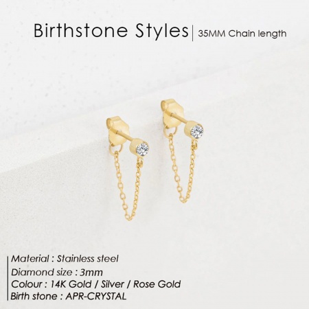 Image de Boucles d'Oreilles Franges Pompons Glands En Gros Plaqué Or Véritable 14K en 304 Acier Inoxydable, Pierres de Naissance avril à Strass Transparent aux Femmes Placage Sous Vide Écologique Cadeau Fournitures de Bijoux 3mm Dia., Taille du Poteau/ Fil: 0.8mm(taille 20), 1 Paire