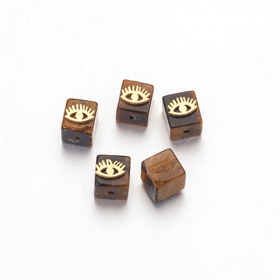 Picture of Tiger's Eyes ( Natural Dyed ) Loose Beads With Stailess Steel Patch For DIY Charm Jewelry Making Square Eye Gold Plated About 6mm Dia., 1 Piece