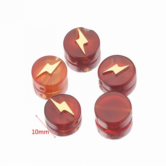 Picture of Carnelian ( Natural Dyed ) Loose Beads With Stailess Steel Patch For DIY Charm Jewelry Making Flat Round Lightning Gold Plated About 10mm Dia., 1 Piece