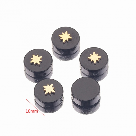 Picture of Obsidian ( Natural Dyed ) Loose Beads With Stailess Steel Patch For DIY Charm Jewelry Making Flat Round Star Gold Plated About 10mm Dia., 1 Piece