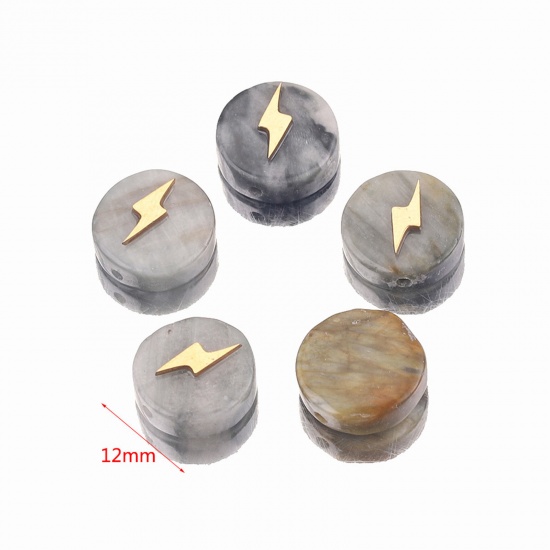 Picture of Spectrolite ( Natural Dyed ) Loose Beads With Stailess Steel Patch For DIY Charm Jewelry Making Flat Round Lightning Gold Plated About 12mm Dia., 1 Piece
