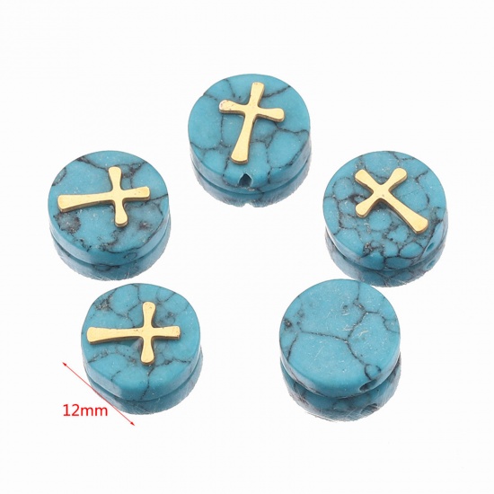 Picture of Turquoise ( Synthetic ) Loose Beads With Stailess Steel Patch For DIY Charm Jewelry Making Flat Round Cross Gold Plated About 12mm Dia., 1 Piece