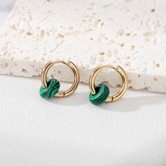 Image de Boucles d'Oreilles Créoles Perlés en 304 Acier Inoxydable Placage Sous Vide Écologique Doré Vert Paon Rond 12mm Dia., 1 Paire