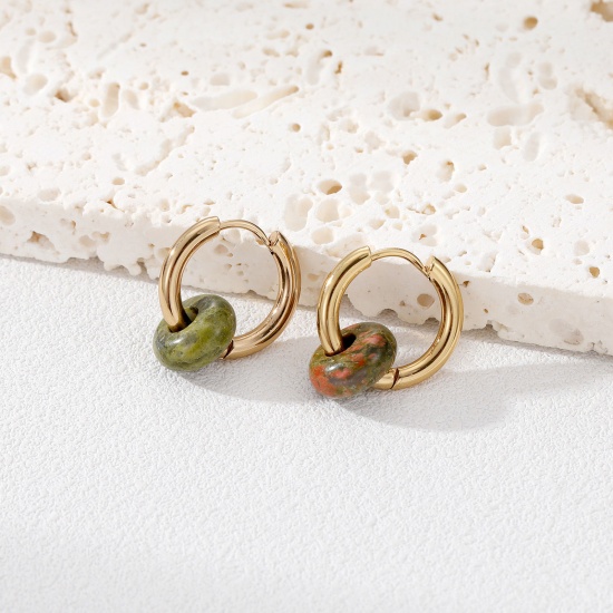 Image de Boucles d'Oreilles Créoles Perlés en 304 Acier Inoxydable Placage Sous Vide Écologique Doré Vert Foncé Rond 12mm Dia., 1 Paire