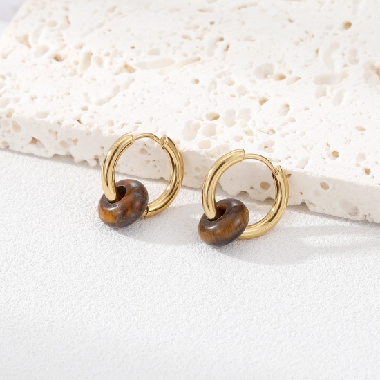 Image de Boucles d'Oreilles Créoles Perlés en 304 Acier Inoxydable Placage Sous Vide Écologique Doré Brun Rond 12mm Dia., 1 Paire