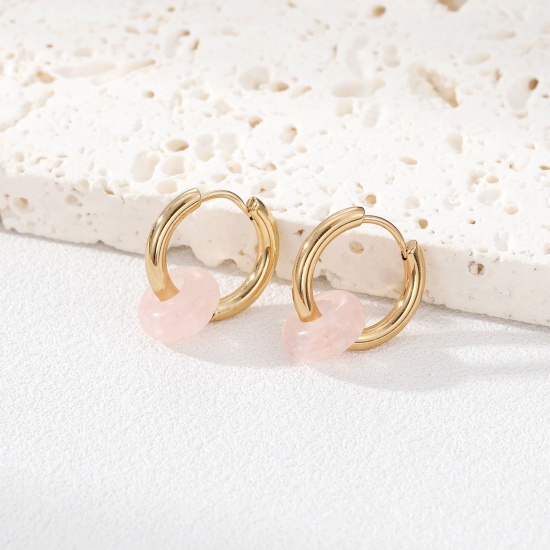 Image de Boucles d'Oreilles Créoles Perlés en 304 Acier Inoxydable Placage Sous Vide Écologique Doré Rose Clair Rond 12mm Dia., 1 Paire