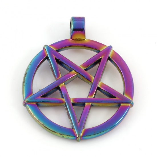 Picture of Zinc Based Alloy Pendants Rainbow Color Plated Round Pentagram Star 3.3cm x 2.7cm, 5 PCs