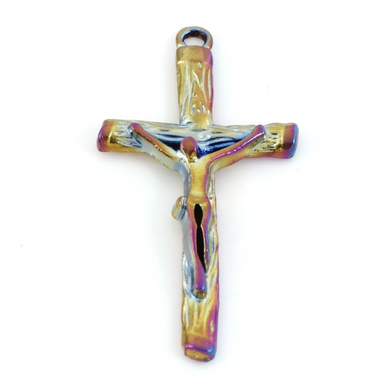 Picture of Zinc Based Alloy Religious Pendants Rainbow Color Plated Cross Jesus 4.3cm x 2.3cm, 5 PCs