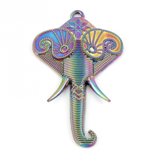 Image de Pendentifs en Alliage de Zinc Tête d'Eléphant Plaqué de Couleur Arc-en-ciel 8.2cm x 4.9cm, 2 Pcs