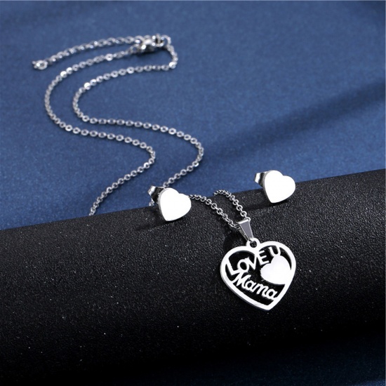 Picture of 201 Stainless Steel Mother's Day Jewelry Necklace Stud Earring Set Silver Tone Heart Message " Love U Mama " 45cm(17 6/8") long, 1 Set