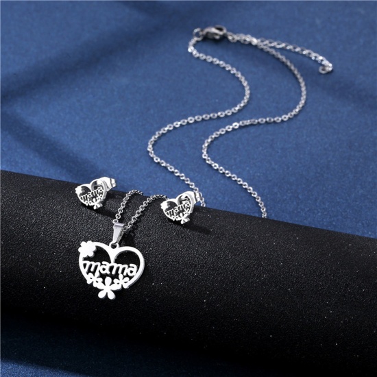 Picture of 201 Stainless Steel Mother's Day Jewelry Necklace Stud Earring Set Silver Tone Heart Message " Mama " 45cm(17 6/8") long, 1 Set