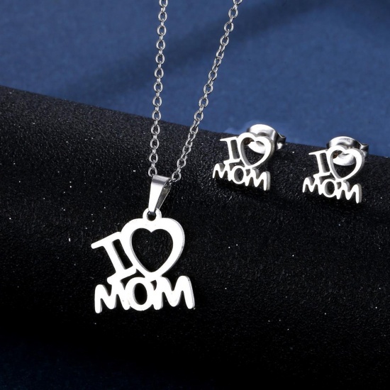 Picture of 201 Stainless Steel Mother's Day Jewelry Necklace Stud Earring Set Silver Tone Heart Message " I Love Mom " 45cm(17 6/8") long, 1 Set