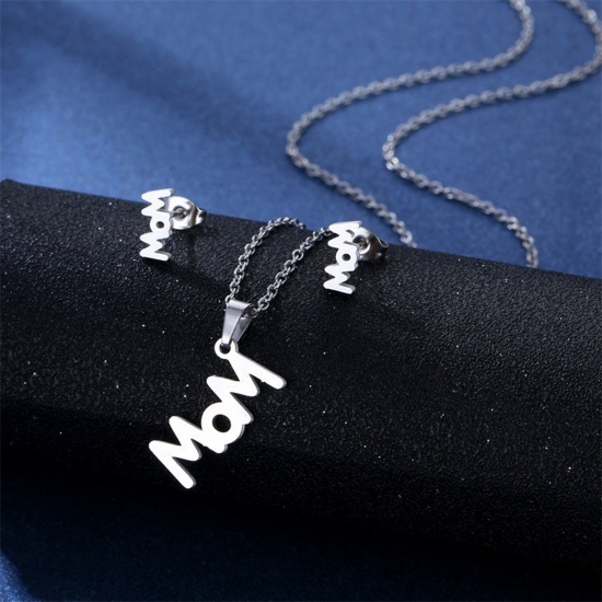 Picture of 201 Stainless Steel Mother's Day Jewelry Necklace Stud Earring Set Silver Tone Message " Mom " 45cm(17 6/8") long, 1 Set