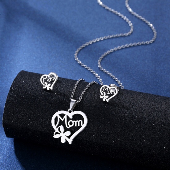 Picture of 201 Stainless Steel Mother's Day Jewelry Necklace Stud Earring Set Silver Tone Heart Butterfly Message " Mom " 45cm(17 6/8") long, 1 Set
