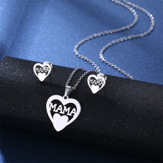 Picture of 201 Stainless Steel Mother's Day Jewelry Necklace Stud Earring Set Silver Tone Heart Message " Mama " 45cm(17 6/8") long, 1 Set