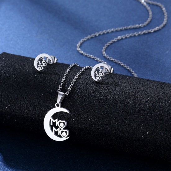 Picture of 201 Stainless Steel Mother's Day Jewelry Necklace Stud Earring Set Silver Tone Half Moon Message " Mama " 45cm(17 6/8") long, 1 Set