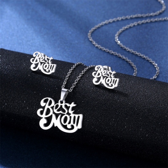Picture of 201 Stainless Steel Mother's Day Jewelry Necklace Stud Earring Set Silver Tone Message " BEST MOM " 45cm(17 6/8") long, 1 Set