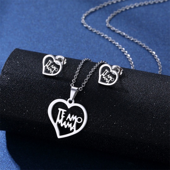 Picture of 201 Stainless Steel Mother's Day Jewelry Necklace Stud Earring Set Silver Tone Heart Message " Te Amo Mamá " 45cm(17 6/8") long, 1 Set