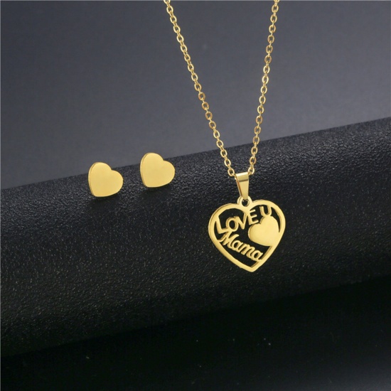 Picture of 201 Stainless Steel Mother's Day Jewelry Necklace Stud Earring Set Gold Plated Heart Message " Love U Mama " 45cm(17 6/8") long, 1 Set