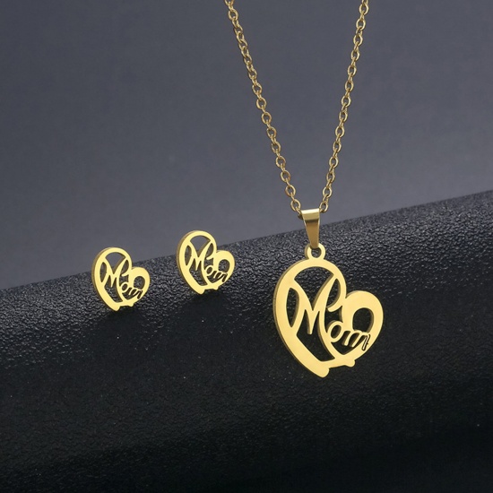 Picture of 201 Stainless Steel Mother's Day Jewelry Necklace Stud Earring Set Gold Plated Heart Message " Mom " 45cm(17 6/8") long, 1 Set