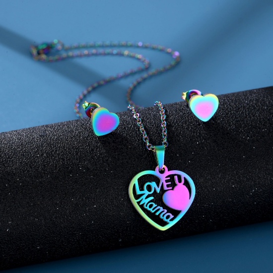 Picture of 201 Stainless Steel Mother's Day Jewelry Necklace Stud Earring Set Rainbow Color Plated Heart Message " Love U Mama " 45cm(17 6/8") long, 1 Set