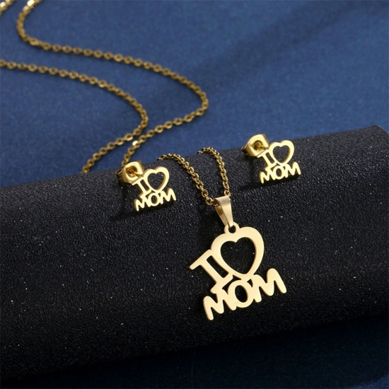 Picture of 201 Stainless Steel Mother's Day Jewelry Necklace Stud Earring Set Gold Plated Message " I Love Mom " 45cm(17 6/8") long, 1 Set