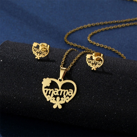 Picture of 201 Stainless Steel Mother's Day Jewelry Necklace Stud Earring Set Gold Plated Heart Message " Mama " 45cm(17 6/8") long, 1 Set