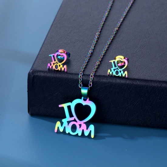 Picture of 201 Stainless Steel Mother's Day Jewelry Necklace Stud Earring Set Gold Plated Message " I Love Mom " 45cm(17 6/8") long, 1 Set