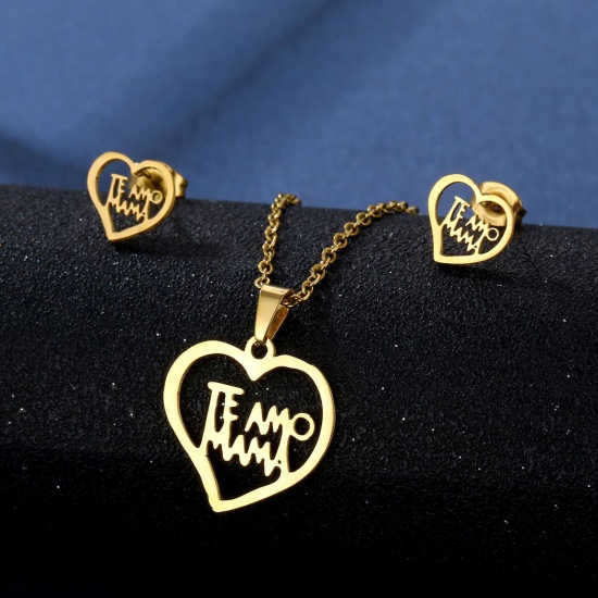 Picture of 201 Stainless Steel Mother's Day Jewelry Necklace Stud Earring Set Gold Plated Heart Message " Te Amo Mamá " 45cm(17 6/8") long, 1 Set