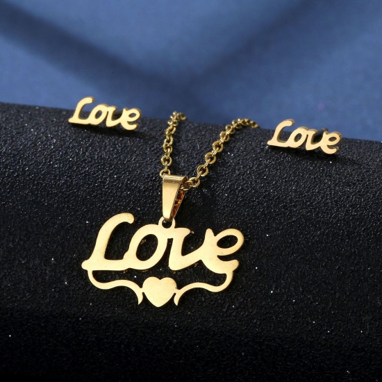 Picture of 201 Stainless Steel Mother's Day Jewelry Necklace Stud Earring Set Gold Plated Heart Message " LOVE " 45cm(17 6/8") long, 1 Set