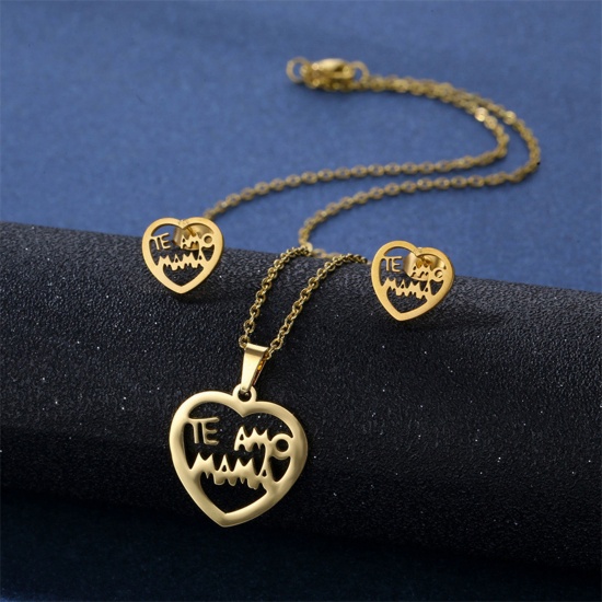 Picture of 201 Stainless Steel Mother's Day Jewelry Necklace Stud Earring Set Gold Plated Heart Message " Te Amo Mamá " 45cm(17 6/8") long, 1 Set