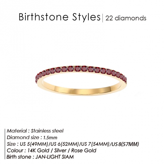 Bild von Umweltfreundlich 304 Edelstahl Monatsstein Uneinstellbar Ring 14K echt Vergoldet Januar Rot Strass 15.7mm (US Größe: 5), 1.5mm, 1 Stück
