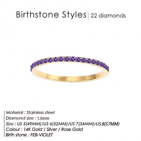 Bild von Umweltfreundlich 304 Edelstahl Monatsstein Uneinstellbar Ring 14K echt Vergoldet Februar Violett Strass 15.7mm (US Größe: 5), 1.5mm, 1 Stück