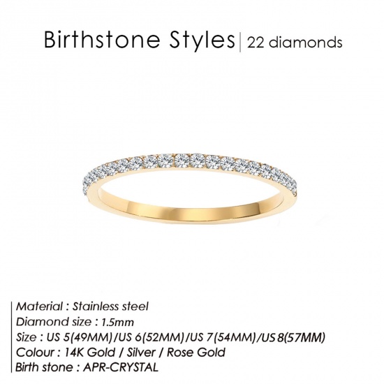 Bild von Umweltfreundlich 304 Edelstahl Monatsstein Uneinstellbar Ring 14K echt Vergoldet April Transparent Strass 15.7mm (US Größe: 5), 1.5mm, 1 Stück
