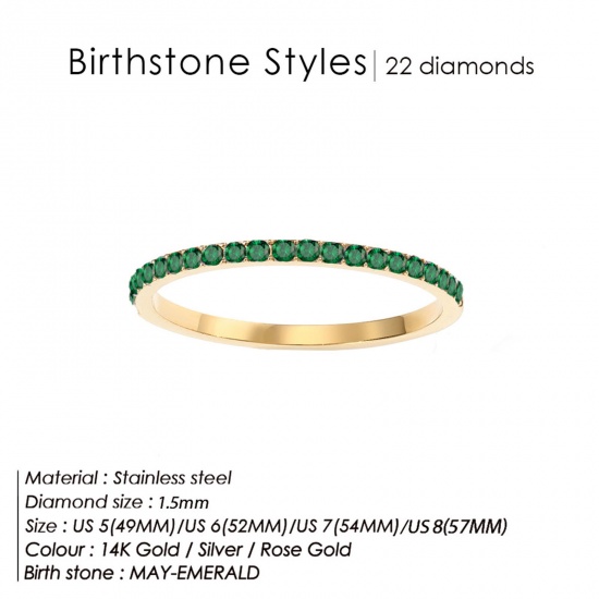 Bild von Umweltfreundlich 304 Edelstahl Monatsstein Uneinstellbar Ring 14K echt Vergoldet Mai Grün Strass 15.7mm (US Größe: 5), 1.5mm, 1 Stück