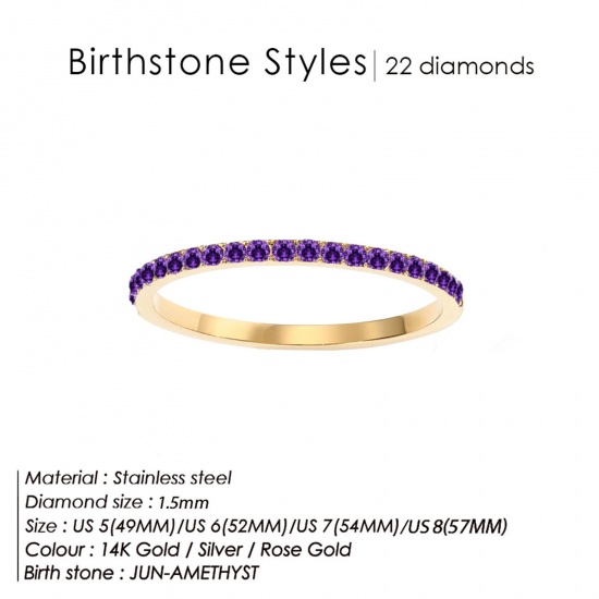 Bild von Umweltfreundlich 304 Edelstahl Monatsstein Uneinstellbar Ring 14K echt Vergoldet Juni Amethyst Strass 15.7mm (US Größe: 5), 1.5mm, 1 Stück