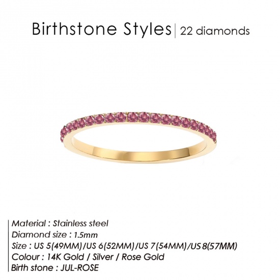 Bild von Umweltfreundlich 304 Edelstahl Monatsstein Uneinstellbar Ring 14K echt Vergoldet Juli Fuchsie Strass 15.7mm (US Größe: 5), 1.5mm, 1 Stück
