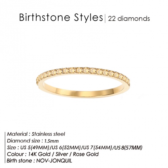 Bild von Umweltfreundlich 304 Edelstahl Monatsstein Uneinstellbar Ring 14K echt Vergoldet November Hellgelb Strass 15.7mm (US Größe: 5), 1.5mm, 1 Stück